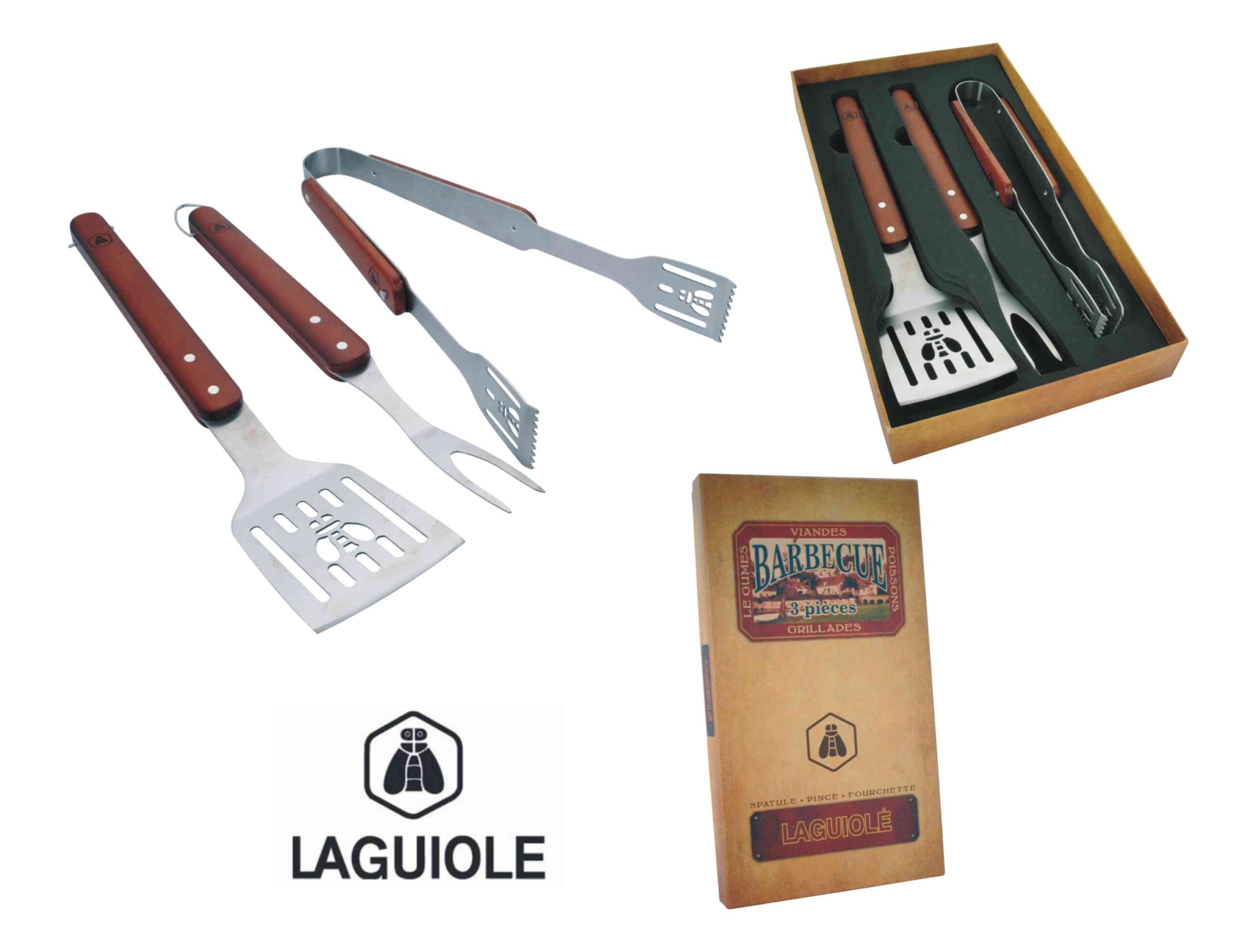 Set 3pz Utensili per Barbecue Pinza Paletta e Forchetta in Acciaio Inox e  Legno