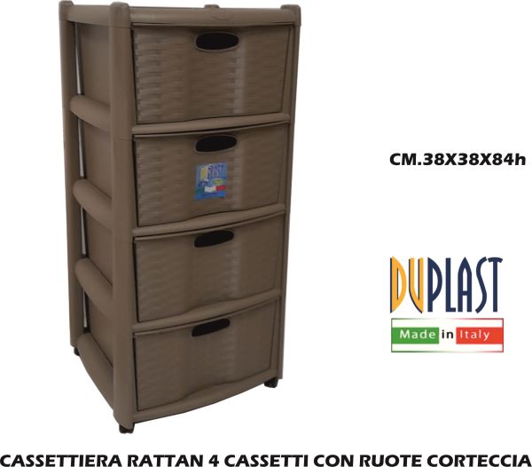Cassettiera Rattan 4 Cassetti Con Ruote Corteccia Metall.-8024007079137