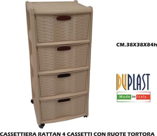 Cassettiera Rattan 4 Cassetti Con Ruote Tortora-8024007079144