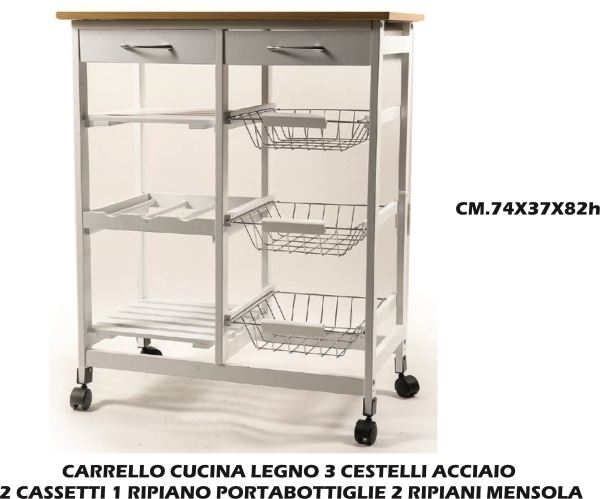 Carrello Cucina Legno 3 Cestelli Acciaio Cm.37X37X82H - Big House Shop